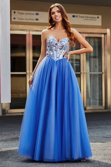 Royal Blue A-Line Sweetheart Broken Mirrors Corsetto senza spalline Abito da ballo lungo